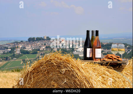 Le bottiglie e i bicchieri di vino Sancerre e biscotti. Bianco, rosa e vino rosso. Avviso: autorizzazione per qualsiasi uso editoriale rispettando la didascalia e co Foto Stock