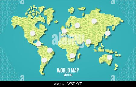 Mappa mondo illustrazione fatta di pixel di colore verde. Geometrica astratta pixel planet con vuoto spazio copia bolle nella città di tutto il mondo le posizioni. Illustrazione Vettoriale