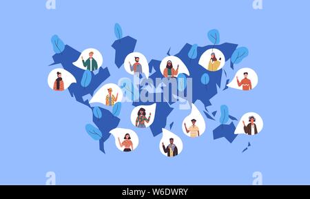 Il mondo sociale mappa illustrazione con diverse persone internazionale icone provenienti da culture di tutto il mondo. Multi etnico le donne e gli uomini della folla per global communicati Illustrazione Vettoriale