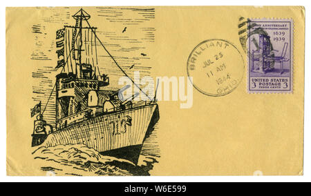 Brillante, Ohio, Stati Uniti d'America - 25 Luglio 1944: noi busta storico: il coperchio con un cachet navale degli Stati Uniti, warship francobollo Stephen giorno e premere Foto Stock