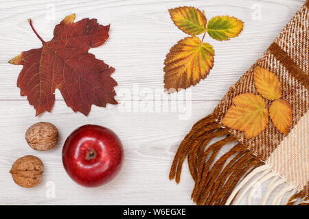 Plaid a scacchi, secco giallo e marrone a foglie rosse, mele e noci su sfondo di legno. Una composizione di autunno. Vista dall'alto. Foto Stock