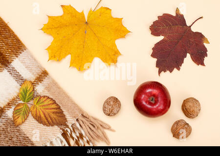 Giallo a secco e foglie di colore marrone, rosso apple, noci e plaid a scacchi su sfondo beige. Una composizione di autunno. Vista dall'alto. Foto Stock