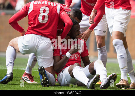 10/05/2019. Salford City FC battito Fylde AFC in 18/19 Lega Nazionale dei playoff finale per raggiungere EFL2. Foto Stock