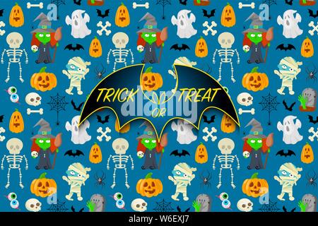 Card con colorati cartoon oggetto per Halloween su sfondo blu. Illustrazione Vettoriale