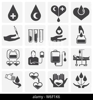 La donazione di sangue le relative icone impostato su sfondo per progettazione grafica e web. Illustrazione semplice. Concetto di Internet il simbolo per il sito web pulsante o mobile Illustrazione Vettoriale