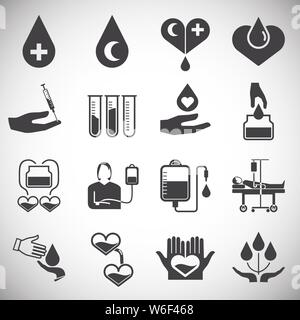 La donazione di sangue le relative icone impostato su sfondo per progettazione grafica e web. Illustrazione semplice. Concetto di Internet il simbolo per il sito web pulsante o mobile Illustrazione Vettoriale