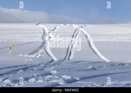 Fuori-pista di piste da sci con neve nuovo-caduta e tracce da sci, snowboard dopo la nevicata. Montagne del Caucaso nella soleggiata sera d'inverno, Georgia, regione Foto Stock