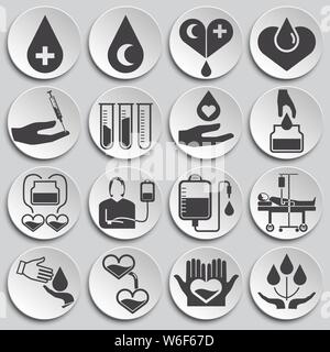La donazione di sangue le relative icone impostato su sfondo per progettazione grafica e web. Illustrazione semplice. Concetto di Internet il simbolo per il sito web pulsante o mobile Illustrazione Vettoriale