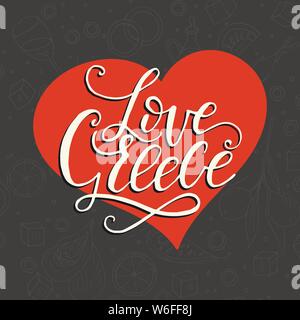 Amore in Grecia. Lettering handdrawn preventivo con doodle simboli nazionali di cucina greca. Illustrazione Vettoriale