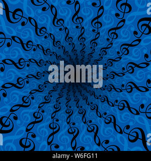 Treble clefs spirale. Musica radiale pattern su sfondo blu. Twisted circolare sfondo frattale illustrazione, tunnel dinamico con centro nero. Foto Stock