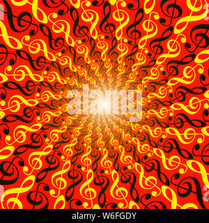 Treble clefs esplosione. Potente modello di spirale, tunnel luminosi con centro splendente. Circolari intrecciati di rosso e di giallo frattale Immagine di sfondo Foto Stock