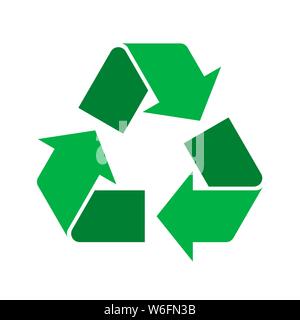 Verde segno di riciclo, icona, simbolo su sfondo bianco. Triangolare riciclo eco logo. Frecce che rappresentano il riciclaggio dei materiali. Lo smistamento dei rifiuti. Vettore Illustrazione Vettoriale