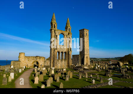 Rovine della Cattedrale di St Andrews, Scozia. Al tramonto, nessun popolo visibile. Luna può essere visto nella parte superiore del telaio. Foto Stock