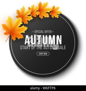 Vendita autunnale. Invito carta regalo. Etichetta Web con caratteri. Round stagionale banner con foglie di autunno. Foglia di acero. Vendita stagionali. Illustrazione Vettoriale. Illustrazione Vettoriale