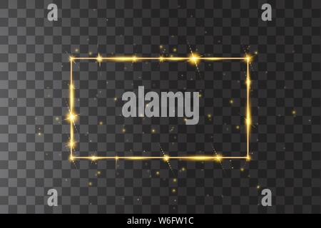 Vector cornice dorata con effetti di luci. Shining rettangolo banner. Isolato nero su sfondo trasparente. Illustrazione Vettoriale Illustrazione Vettoriale