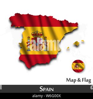 Spagna mappa e bandiera . Sventolando il design tessile . Dot mappa Mondo sfondo . Vettore Illustrazione Vettoriale