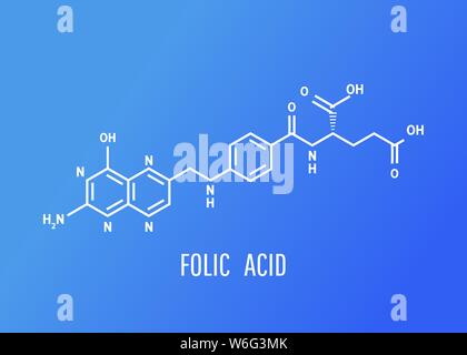 Acido folico molecolare formula chimica su sfondo isolato. La vitamina B9. Illustrazione Vettoriale