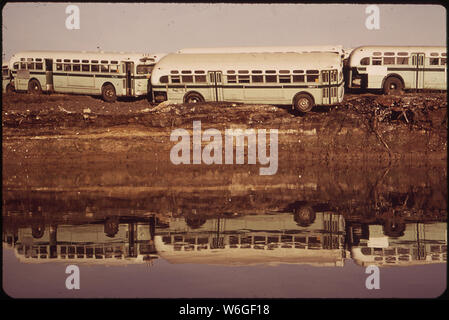 Erosione della banca possono provocare questi vecchi autobus a cadere in GWYNNS Falls, a poche centinaia di yard dal GWYNNS FALLS ENTRATA NEL PORTO DI BALTIMORE Foto Stock