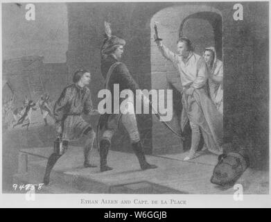 Ethan Allen e il capitano de la Place. Maggio 1775. La cattura di Fort Ticonderoga, New York. Copia di incisione dopo Alonzo Chappel., ca. 1900 - 1982; Note Generali: Utilizzo di guerra e di conflitto numero 12 quando si ordina una riproduzione o la richiesta di informazioni su questa immagine. Foto Stock