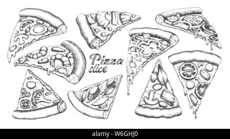 Assortimento di fetta di diversi set di Pizza vettore inchiostro Illustrazione Vettoriale