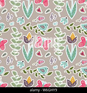 Molla senza giunture vector pattern con birrds, farfalle, tulipani e cuori. Illustrazione Vettoriale