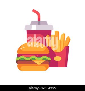 Burger, patate fritte e soda drink cup. Fast food icona piatta Illustrazione Vettoriale