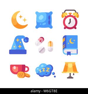 Set di piatto icone del sonno. Luna, cuscino, sveglia, pillole, tè, lampada, del libro e del cappuccio di pelo Illustrazione Vettoriale