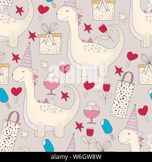 Vettore di compleanno seamless pattern con allegro simpatico dinosauro. Dino dettagliata illustrazione di saluto. Illustrazione Vettoriale