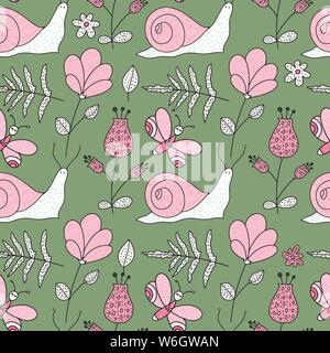 Vettore senza giunture forest pattern con graziosi illustrazioni a colori - molto carino di lumache e fiori blu. Illustrazione Vettoriale
