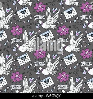 Vector seamless pattern con graziosi colombe bianche e lettere di amore e di cuori. Happy Valentines Day card. Illustrazione Vettoriale