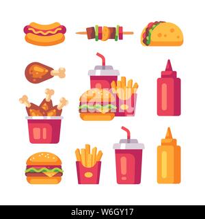 Set di piatti fast food icone. Hamburger, patatine fritte, le cosce di pollo, hot dog e soda cup Illustrazione Vettoriale