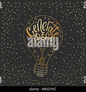 Generare le idee. Spazzola Handdrawn lettering. Vettore di Business llustration con lampadina per disegni moderni. Illustrazione Vettoriale