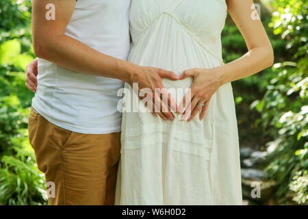 La donna incinta e il suo partner in posa, facendo il cuore con le loro mani. Simbolo per la maternità, famiglia, cura e amore. Foto Stock