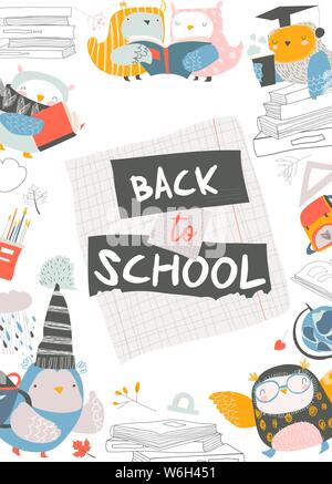 Carino telaio composto di graziosi gufi con libri Illustrazione Vettoriale