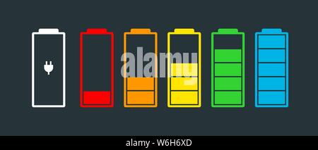 Icone dell'indicatore di carica della batteria impostate. Livello di carica: Potenza massima da bassa a alta e spina elettrica. Immagine vettoriale piatta dello stato dell'energia alcalina del Gadget eps Illustrazione Vettoriale
