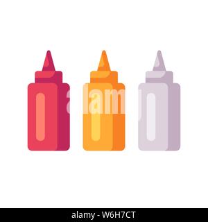 Ketchup, senape e maionese bottiglie. Tubi di salsa di icone di Piana Illustrazione Vettoriale