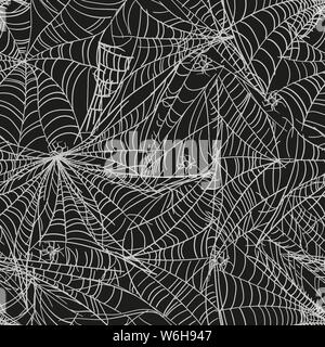 Black spider web seamless pattern con ragni bianco. Vettore sfondo senza giunture. Illustrazione Vettoriale