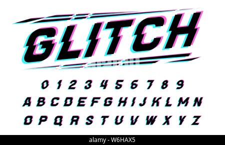 Glitch font per poster. Comico gioco retrò alfabeto. Vintage futuristico tipografico, modificabile e stratificati. Moderno vettore cromo lettere in Pop art style Illustrazione Vettoriale