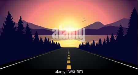 Strada per il lago nella foresta a sunrise con paesaggio di montagna illustrazione vettoriale EPS10 Illustrazione Vettoriale