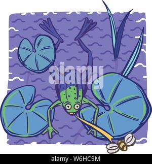Frog sdraiati su ninfee in uno stagno o lago, la cattura di un bug vola con la sua linguetta estesa Illustrazione Vettoriale