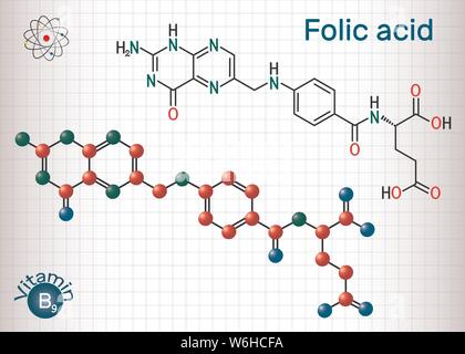 Acido folico, molecola di folato. È noto come la vitamina B9. Foglio di carta in una gabbia. Formula chimica di struttura e la molecola modello. Illustrazione Vettoriale Illustrazione Vettoriale