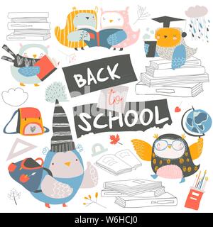 Set di simpatici gufi con i libri. Si torna a scuola Illustrazione Vettoriale