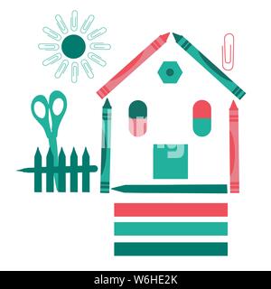 Design piatto illustrazione dell edificio scolastico è fatta di forniture per ufficio. Matite colorate e le graffette isolate su sfondo bianco - vettore Illustrazione Vettoriale