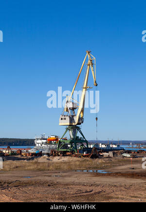 Gru nel porto di macchinari e carrelli elevatori per il carico e lo scarico di pallet su una soleggiata giornata estiva Foto Stock