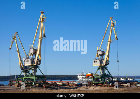 Gru nel porto di macchinari e carrelli elevatori per il carico e lo scarico di pallet su una soleggiata giornata estiva Foto Stock