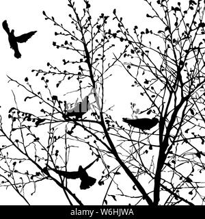 Illustrazione dello sfondo con piccioni sagome in alberi, vettore Illustrazione Vettoriale