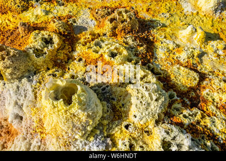 Acida sorgenti calde e geyser, formazioni minerali, dei depositi di sale nel cratere del vulcano Dallol, Danakil depressione; regione di Afar, Etiopia Foto Stock