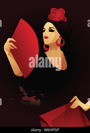 Ballerino spagnolo di flamenco con ventola con il chitarrista di accompagnamento. Serata di Flamenco design Foto Stock