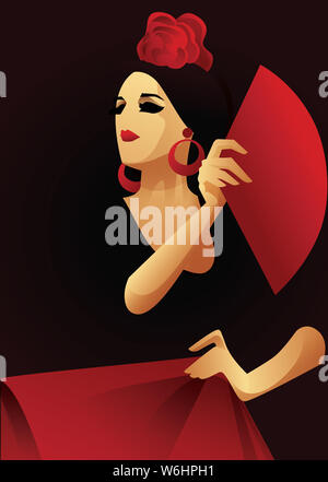 Ballerino spagnolo di flamenco con ventola con il chitarrista di accompagnamento. Serata di Flamenco design Foto Stock