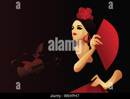 Ballerino spagnolo di flamenco con ventola con il chitarrista di accompagnamento. Serata di Flamenco design Foto Stock
